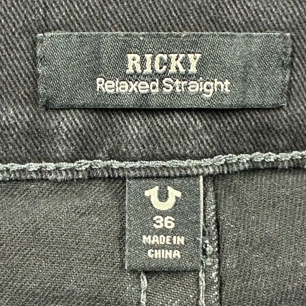 True Religion Jeans 36 x 32 Black Mens Ricky Relaxed Straight Flap Pockets Denim